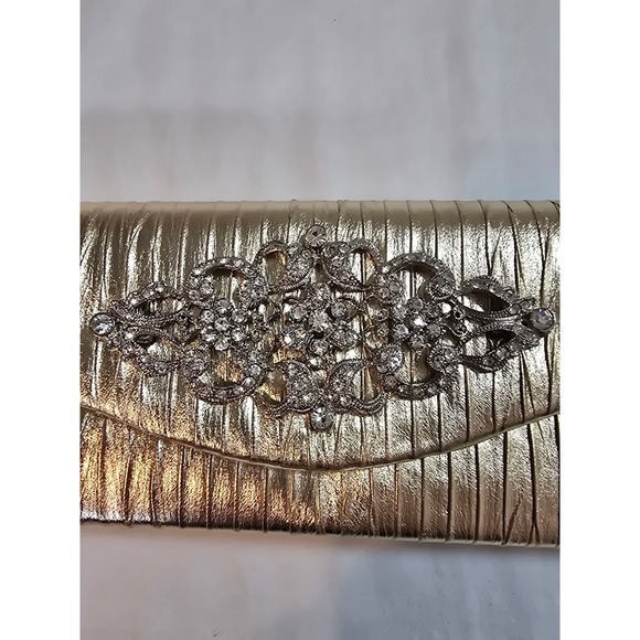Raj Gold Metallic Pleated Clutch Evening Bag Rhinestone Embellished Chain Strap - Picture 2 of 9